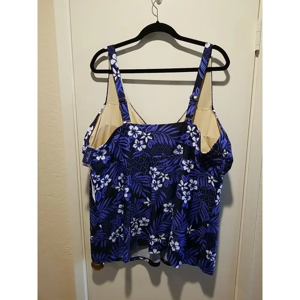 Swimsuits For‎ All Blue Floral Tankini Swim Top Size 26 Soft Cup Removable Pads